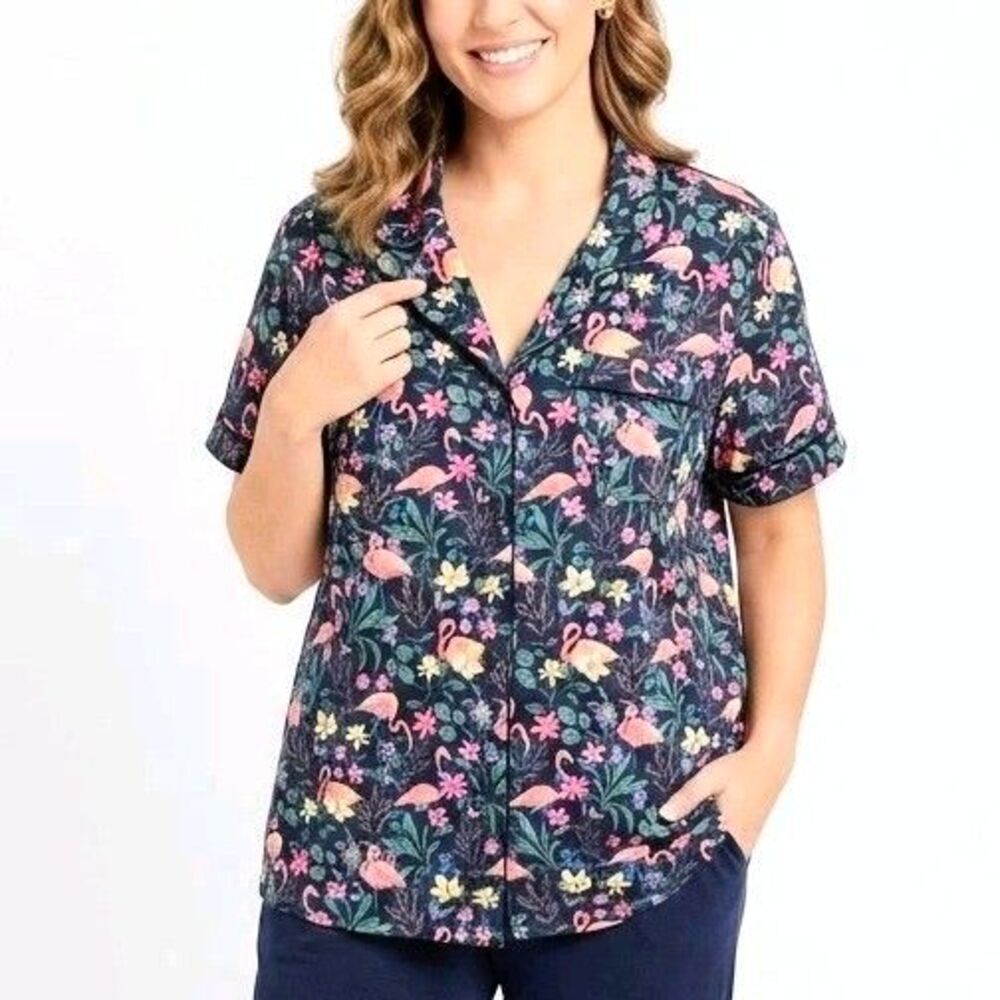 VERA BRADLEY Pajama Top Short Sleeve Tropical Flamingo Navy Blue Women Size XXL